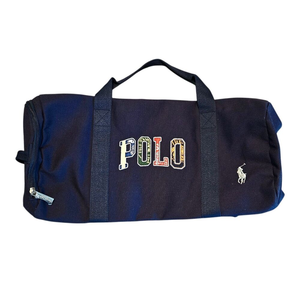 Polo Ralph Lauren Blue Duffle Bag Multicolored Embroidered Logo Patch NEW Preppy